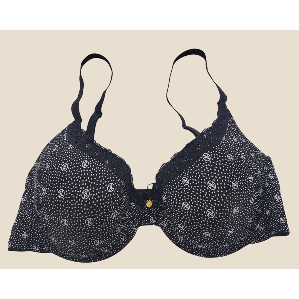 Adrienne Vittadini Studio Bra 40D Polka Dot Logo Print Lace Trim Black White